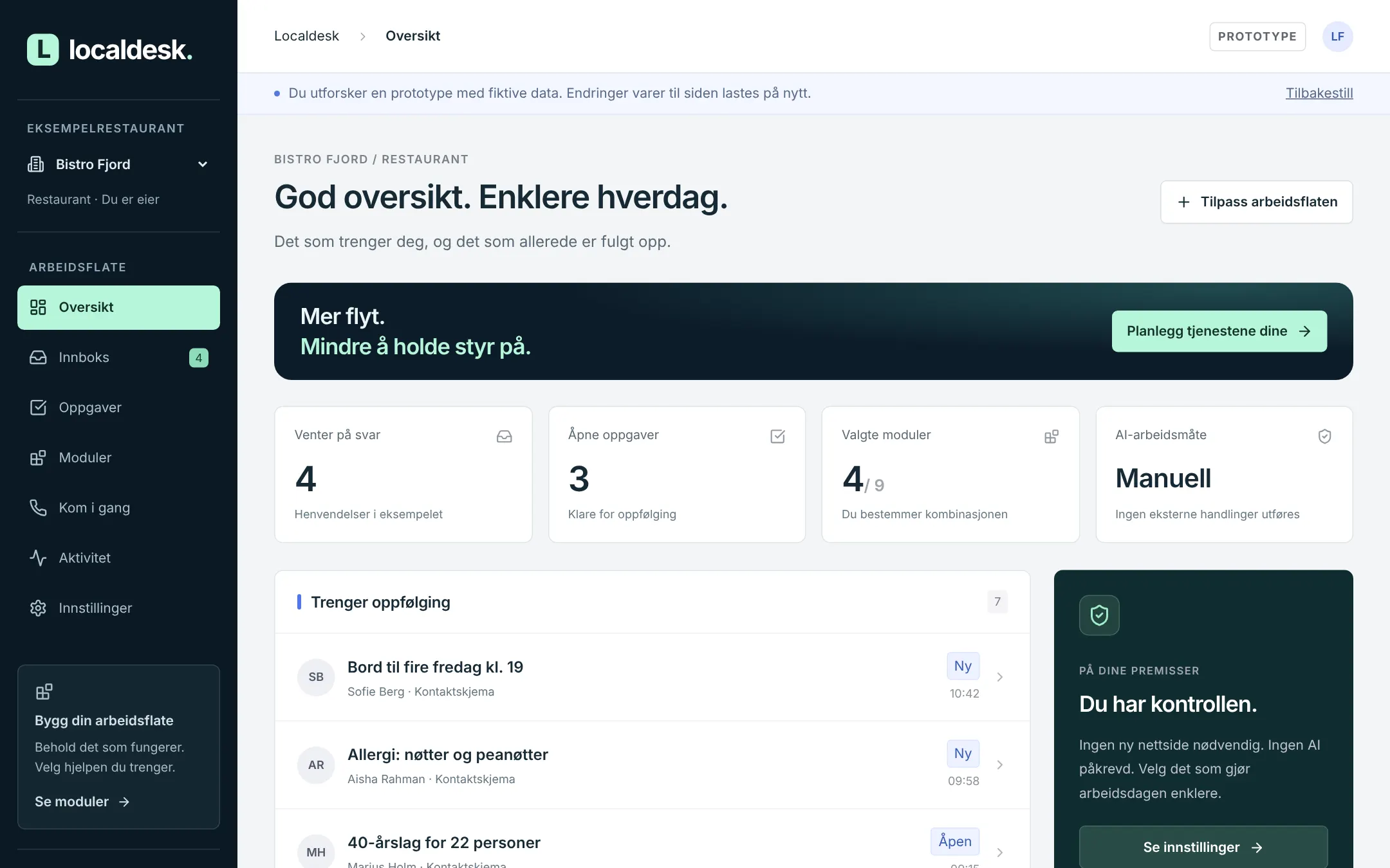Arbeidsflaten til eksempelrestauranten Bistro Fjord: bordforespørsler og selskap som venter på svar, oppgaver og lenker til bordbestilling og takeaway.